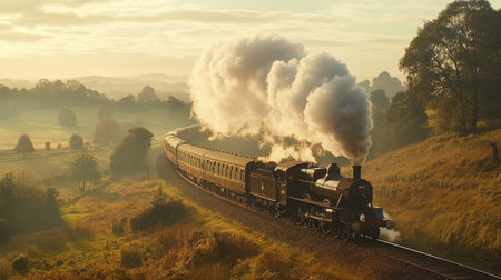A vintage steam train travels through a picturesque countryside, emitting clouds of steam amidst scenic hills and morning light, evoking nostalgia and adventure.の素材