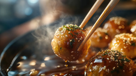 Savory round dumpling being grabbed with chopsticks, showcasing steam and glaze. A delightful Asian food experience with fresh herbs and sesame.の素材
