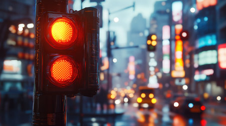 Capturing a red traffic light in an urban scene at night, this image showcases the bustling city life, blurred motion of cars, and vibrant neon lights, creating an atmospheric mood.の素材