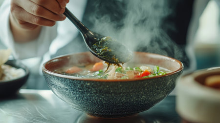 A steaming bowl of delicious soup being served, highlighting fresh ingredients and vibrant colors. Perfect for showcasing culinary skills and comfort food.の素材