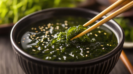 A vibrant bowl of fresh seaweed with sesame seeds served with chopsticks. Perfect for healthy dishes, Asian cuisine, and culinary presentations.の素材