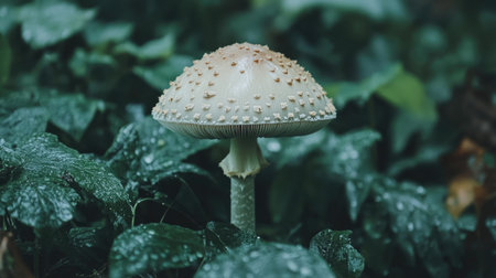 A stunning mushroom rises gracefully from lush green foliage, capturing the beauty of nature. The delicate textures and moisture create a serene atmosphere perfect for nature lovers.の素材