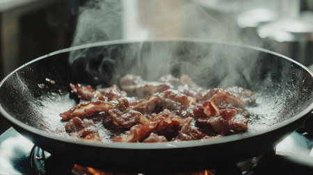 Delicious bacon strips are frying in a pan, releasing steam and a tempting aroma. Perfect for illustrating cooking, breakfast, and culinary delight.の素材