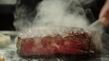 A mouthwatering close-up of a juicy steak, perfectly cooked with steam rising, highlighting its tenderness and rich flavor. Ideal for food lovers.の素材