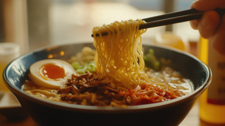 A close-up view of a delicious bowl of ramen noodles, featuring chopsticks lifting tender noodles. The dish includes a soft-boiled egg and fresh greens, showcasing an appetizing meal perfect for comfort food lovers.の素材