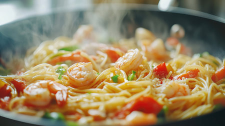 A flavorful dish of shrimp pasta cooked in a pan, showcasing fresh ingredients and steam rising, perfect for a culinary highlight or delicious meal presentation.の素材