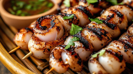 Savor the deliciousness of grilled skewers garnished with fresh herbs. Perfect for barbecues or casual dining, these flavorful bites pair wonderfully with dipping sauce.の素材