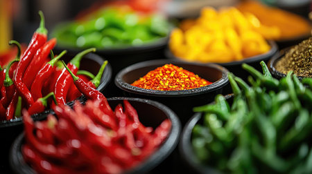 Vibrant display of colorful spices and peppers, featuring fresh chilies and ground spice in various bowls, showcasing the bounty of a market.の素材