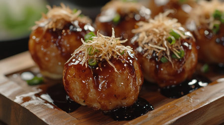 Savor the delightful taste of authentic Japanese takoyaki, beautifully presented on a wooden plate. This savory snack features a rich sauce and fresh toppings.の素材
