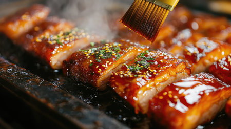 A close-up of glazed pork being brushed with sauce, showcasing its shiny texture and vibrant herbs. Ideal for food enthusiasts and culinary projects.の素材