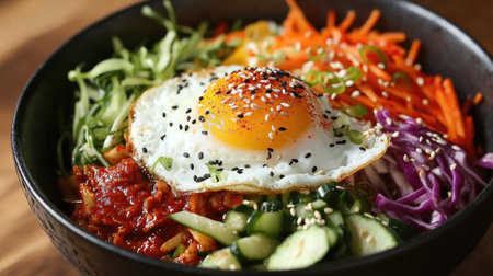 A vibrant bibimbap bowl featuring a fried egg on top, accompanied by fresh vegetables and sesame seeds. Perfect for a healthy and satisfying meal.の素材