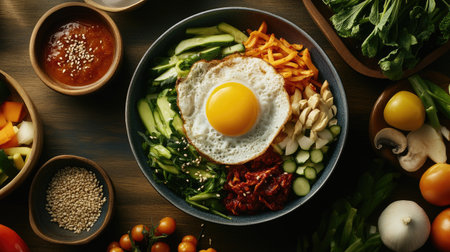 A vibrant bowl filled with fresh vegetables, sesame, and a sunny-side-up egg. Ideal for healthy eating, meal preparation, and culinary inspiration.の素材