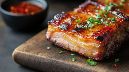 Close-up of grilled pork belly garnished with fresh greens, resting on a wooden board. Perfect for showcasing delicious gourmet cuisine in food photography.の素材