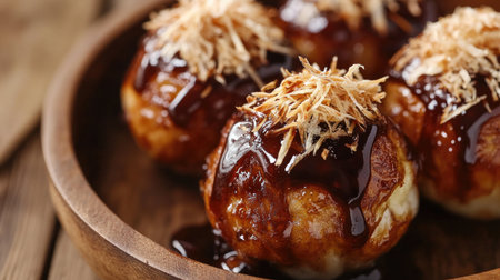 Enjoy a close-up of delicious takoyaki topped with bonito flakes and a rich sweet sauce, served in an inviting wooden bowl. Perfect for food lovers.の素材