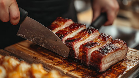A close-up image of a chef slicing juicy barbecue meat on a wooden cutting board. The enticing texture and savory aroma highlight the culinary art of cooking.の素材