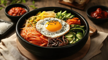 A vibrant bowl of bibimbap featuring a sunny-side-up egg atop a mix of colorful vegetables and rice, perfect for a healthy and delicious meal.の素材