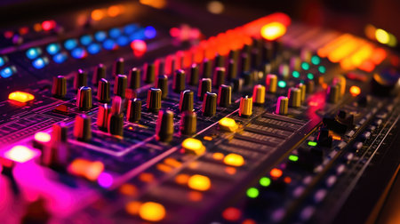 Close-up view of a vibrant mixing console showcasing colorful lights and knobs, representing the world of sound technology and music production in a studio setting.の素材
