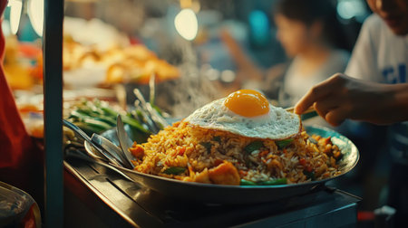A vibrant street food scene featuring a delicious plate of fried rice topped with a sunny-side-up egg. Perfect for showcasing appetizing cuisine.の素材