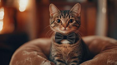 A delightful kitten wearing a stylish bowtie sits comfortably, showcasing its charming gaze. Ideal for pet lovers, this image captures feline elegance and playfulness.の素材