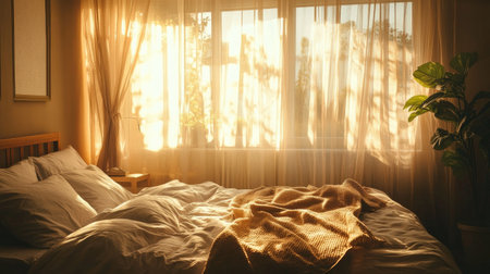 A serene bedroom bathed in soft sunlight, featuring cozy decor and lush plants. This inviting scene captures the essence of warmth and tranquility.の素材
