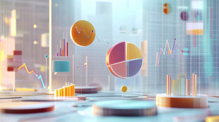 Colorful abstract data visualization featuring various charts and graphs. This digital illustration showcases analytics and growth concepts for modern business.の素材