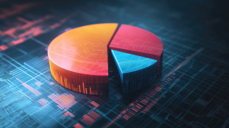 A vibrant 3D pie chart displaying data insights against a high-tech digital background, ideal for finance, analytics, and business presentations.の素材