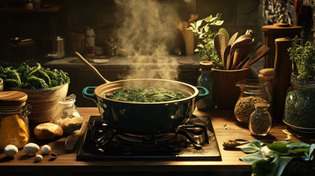 A vibrant scene of fresh vegetables cooking in a pot on a modern kitchen stove. Steam rises, creating a warm ambiance for culinary enthusiasts.の素材