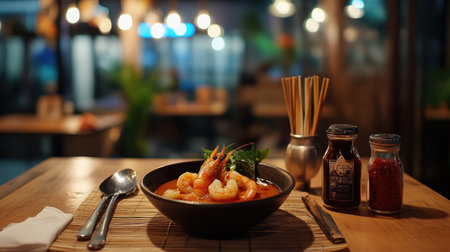 A beautifully presented shrimp dish in a cozy restaurant setting, featuring vibrant colors, herbs, and spices, perfect for seafood lovers.の素材