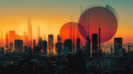 A stunning urban skyline at sunset, incorporating abstract elements that create a unique visual effect, highlighting the beauty of city life and architecture.の素材