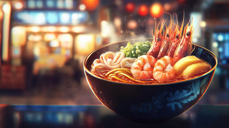 A vibrant seafood ramen bowl featuring shrimp and fresh vegetables, set in a cozy restaurant ambiance, delivering comfort and culinary delight.の素材