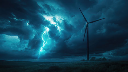 A striking image of a wind turbine illuminated by a dramatic lightning storm at night. The dark clouds create an intense atmosphere highlighting renewable energy's power amidst nature's fury.の素材