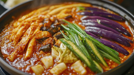 A vibrant and delicious vegetable stew in a clay pot, showcasing fresh ingredients in a spicy sauce. Perfect for a healthy meal or comforting dinner.の素材