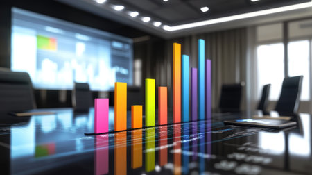 A vibrant bar graph displayed on a sleek conference table highlights data analysis in a modern office setting. Ideal for business presentations.の素材