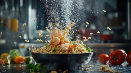 An exciting shot of shrimp noodles in a bowl, showcasing fresh ingredients. The dynamic splash of water adds action and flavor to this culinary delight.の素材