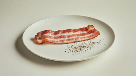 A single crispy bacon strip on a minimalist plate with a sprinkle of pepper. Perfect for showcasing savory breakfast or culinary delight.の素材