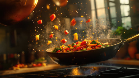 A dynamic scene of colorful vegetables stirring in a pan, capturing the essence of culinary excitement and freshness in a modern kitchen setting.の素材