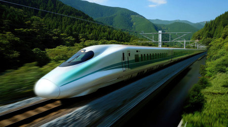 A sleek high-speed train glides through a lush green landscape, showcasing modern transport technology in harmony with nature. Perfect for travel themes.の素材