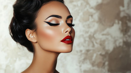 Stunning portrait of a woman with glamorous makeup featuring bold red lips and striking winged eyeliner, showcasing beauty and elegance in a chic fashion.の素材