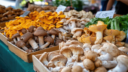 A vibrant display of assorted gourmet mushrooms at a market stall, showcasing various types and colors ideal for culinary creations and healthy eating.の素材