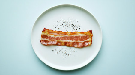 A single crispy bacon strip is delicately placed on a white plate, garnished with pepper. Perfect for food photography, menus, or culinary projects.の素材