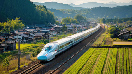 A high-speed train glides through a picturesque countryside, showcasing the blend of modern transportation and serene landscape. Ideal for travel themes.の素材