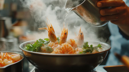 A captivating bowl of steaming seafood with shrimp and fresh herbs, showcasing a culinary masterpiece in a lively kitchen atmosphere. Perfect for food lovers.の素材