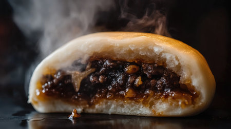 A close-up of a steamed bun showcasing its soft exterior and rich, savory filling. The steam rises, enhancing its fresh appeal and inviting aroma.の素材
