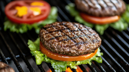 Juicy grilled burgers topped with fresh vegetables on a charcoal grill. Perfect for summer cookouts and outdoor gatherings, these burgers promise flavor and satisfaction.の素材