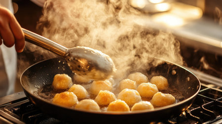 A chef skillfully fries dumplings in a hot pan, creating steam and a delicious aroma. This vibrant kitchen scene showcases culinary artistry and passion.の素材