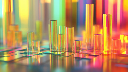 This vibrant abstract image features colorful glass bars arranged in a modern design. The interplay of light and reflection creates a stunning visual effect, perfect for creative projects.の素材