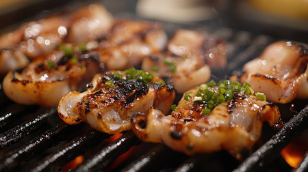Close-up of grilled meat on a barbecue with green onions adding freshness. Perfect for food enthusiasts, cooking inspiration, and summer gatherings.の素材