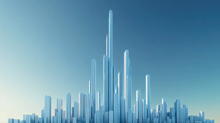 A stunning abstract representation of a modern urban skyline featuring numerous skyscrapers illuminated against a blue sky, showcasing architectural innovation.の素材