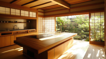 A beautifully designed modern Japanese kitchen featuring wooden elements, natural light, and a serene garden view, creating a tranquil culinary space.の素材
