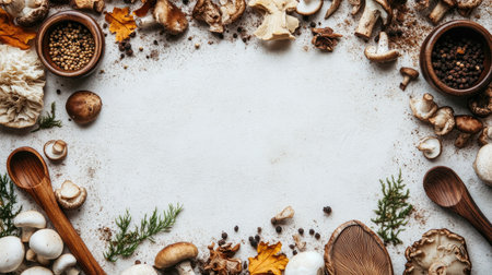 A beautiful arrangement of fresh mushrooms and herbs on a rustic tabletop. Perfect for cooking enthusiasts looking to enhance their culinary creations.の素材